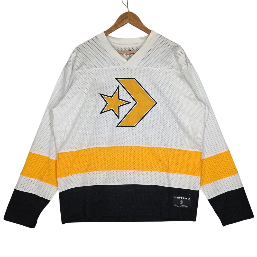 CONVERSE OVERSIZED EMBROIDERED PATCH HOCKEY JERSEY – WHITE/YELLOW/BLACK – SIZE S